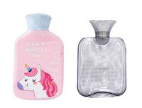 Suillty Natural Rubber Hot Water Bottle with Cute Unicorn Soft Plush - Hot Compress and Heat Therapy (750ml, Pink)