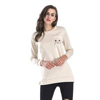Alangbudu Women Back w Big Cat Smile Printed Pullover Blouse Loose Fit Tops Long Sleeve Casual Baggy Sweatshirt w Pocket Beige