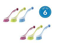 Dish Brush with Suction Cup by Spogears, The Dishwashing Brushes Set Includes 6 Kitchen Scrub Brush 3 Assorted Colors, Long & Grip Friendly Handle, Soft bristles, Scrubbing Dish Brush