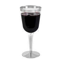 100 Silver Rimmed Disposable Plastic Wine Glasses | Large 10 oz. Premium Clear Hard Plastic Fancy Wine Cups for Weddings & Events (100-Pack) by BloominGoods