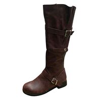 HebeTop Women's Fashion Round Toe Low Heel Knee High Zipper Riding Boot Shoes Brown