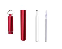 Telescopic Reusable Stainless Steel Metal Straws with Telescopic Cleaning Brush and KeyChain Metal Case (RED)