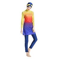 Gojendy Women Gradient Sunset Printed Bathing Suit for Muslim Long Sleeves with Cap (XL, Yellow)