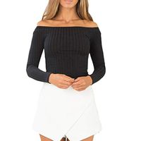 Women Crop Tops,Cenglings Ladies Solid Off Shoulder Long Sleeve Slim Fit Sweater Knit T-Shirt Party Nightclub Blouse Pullover Black