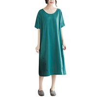 LISTHA Cotton Linen Summer Midi Dress Women Button Short Sleeve Crewneck Dresses