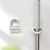 2PCS Broom Mop Holder Wall Mounted Plastic Gripper Sticky Hanger Clips Storage Organizer Rack for Bathroom Kitchen (White)