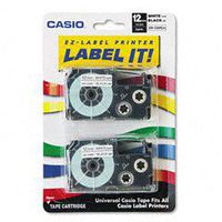 Casioamp;reg; Tape Cassettes for KL Label Makers, 12mm x 26ft, Black on White, 2 per Pack