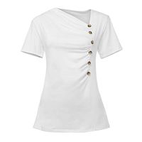 Baiggooswt Womens Skew Neck Short Sleeve Ruched Button Solid Blouse Slim Fit Ruched Beach Tunic Tops Basic T-Shirt Pullover White