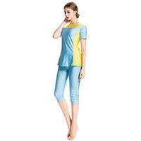 Gojendy Women Splicing Bathing Suit for Muslim Short Sleeves T Shirt Top Swimsuit (XXL, Blue)