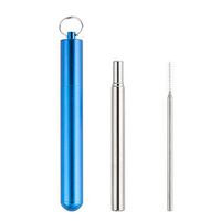 Longtong Reusable Collapsible Telescopic Straw Stainless Steel Metal Drinking Straws with Blue Aluminum Case and 1 Cleaning Brush