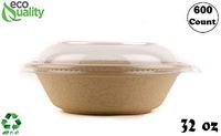600 Count - EcoQuality 32oz Round Disposable Bowls with Dome Lids Natural Sugarcane Bagasse Bamboo Fibers Sturdy Compostable Eco Friendly Environmental Paper Plastic Bowl Alternative Tree Free