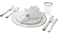 " OCCASIONS" 360 pcs/40 Guest-Full Tableware Set-Wedding Disposable Plastic Plates Silverware, Silver Rim Tumblers & Linen Feel Napkins/Metal Napkin Rings (Combo D, White & Silver Rim)