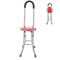 LFFME Walking Stick Seat Folding Stool, Cane Stool with Seat Anti-Slip Four Feet Portable Suitable for Use by The Elderly, Red