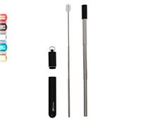 Portable, Stainless Steel telescopic collapsible drinking straws with stylish aluminum case, silicone tip for comfort and extendable cleaning tool. For travel or home. (Black)