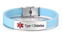 JF.JEWELRY Pre-Engraved Type 1 Diabetes Medical Alert ID Bracelet for Men Women Silicone Band Adjustable-Cyan