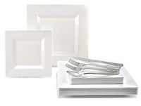 " OCCASIONS" 150pcs set (25 Guests)-Wedding Plastic Plates & cutlery -Disposable heavyweight Dinnerware 9.5'', 6.5'' + Silverware w/double fork (Square White)
