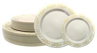 Premium 60 Pack Combo Disposable Plastic Plates | Includes 30 10.25" Dinner Plates & 30 7.5" Salad Plates With an Elegant Leaf Design & a Real China Finish (Gold)