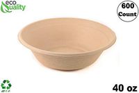 600 Count - EcoQuality 40oz Round Disposable Bowls Natural Sugarcane Bagasse Bamboo Fibers Sturdy Compostable Eco Friendly Environmental Paper Plastic Bowl Alternative Tree Free
