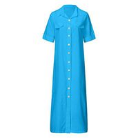 HNTDG Women's Fashion Casual Half Sleeve Solid Button Down Linen Loose Shirt Maxi Long Dress Sky Blue