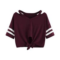 Meikosks Womens Off Shoulder Bandage Crop Tops Short Sleeve Round Neck T Shirt Casual Summer Tee Wine Red