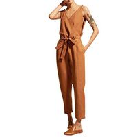 refulgence Women Casual Loose Fit Jumpsuits Romper with Belt V-Neck Belt Slim Plus Size Linen Long Jumpsuit(Orange,M)