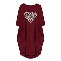 Alangbudu Women Loose Oversized Blouse Batwing Half Sleeve Love Heart Pullover Swing Tops for Leggings with Pockets Red