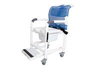 Deluxe Rolling Shower Chair with Drop Arms, Padded Seat, Non-Slip Locking Casters, Seat Belt, Slide Out Footrest and Commode Pail. 300 lb. Capacity, Fits Over Standard Toilet.
