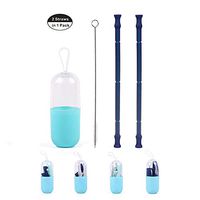 Amoonilove Collapsible straws Food Grade Silicone Drinking Straws Bent Straws Portable Reusable Travel Straws 2 With 1 Cleaning Brush and 1 Case (Two Deep Blue)