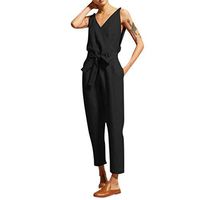 refulgence Women Casual Loose Fit Jumpsuits Romper with Belt V-Neck Belt Slim Plus Size Linen Long Jumpsuit(Black,XXXL)