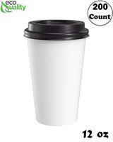 Medium 12oz White Paper Coffee Cups with Black Lids - (200 Count) by EcoQuality - Disposable Paper Coffee Cups - Hot Drink, Tea, Coffee, Cappuccino, Hot Chocolate, Chai, Chai Latte, Office,Travel