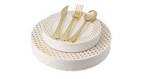 100 Piece Elegant Gold Disposable Plastic Plates & Plastic silverware Set Heavyweight Place Setting | Service For 20 Guests Includes 20 Dinner Plates 20 Dessert Plates 20 Forks 20 Spoons 20 Knives