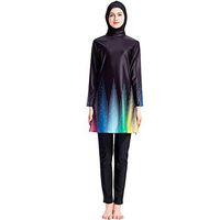 Gojendy Women Colorful Stripes Printed Bathing Suit for Muslim Long Sleeves with Cap (XL, Black)