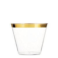 100 Gold Plastic Clear Cup 9oz | Gold Rimmed Cups | Wedding Bachelorette Party Disposable Cup (Gold) | Disposable Fancy Party Wedding Plastic Cups with Gold Rim