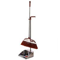 Dustpan and Broom—Stainless Steel Rods,Long Handle Dustpan and Bristle Brush Set, Lobby Dust Pan Stand Upright Up Broom,for Home Floor Cleaning Use,Brown