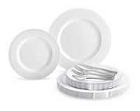 " OCCASIONS " 150pcs set (25 Guests)-Extra Heavyweight Vintage Wedding Disposable/Reusable Plastic Plates (25 x 11'' + 25 x 8.25'') +Silverware (Chateau Collection in White)