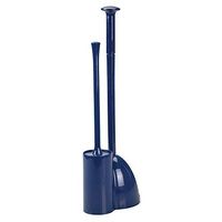 mDesign Modern Slim Compact Freestanding Plastic Toilet Bowl Brush Cleaner and Plunger Combo Set Kit with Holder Caddy for Bathroom Storage and Organization - Covered Lid Brush - Navy Blue