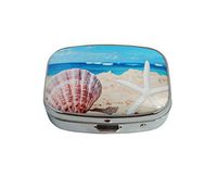 Baoquan Custom Silver Square Glass Pill Case Medicine Vitamin Organizer Pocket Decoration Gift (Starfish with Seashell on The Sandy Beach)