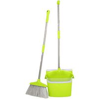 Youdw Stainless Steel Broom Set, Sweeping Floor Cleaning hygienic Stand Vertical Brush Dust Pot Combination Upright Cleaning with Hanging Teeth Broom and Dustpan Set (Green)