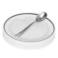 Fancy Disposable Dessert Plates with Spoons - 50 Piece Silver Plastic Party Plates and 50 Mini Dessert Spoons for Weddings, Party, Baby Shower, Birthday, Holiday - Service for 50 Guests (Silver Rim)