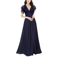 BXzhir Women Chiffon Patchwork V-Neck Cap Sleeve Bow Maxi Evening Party Dress Navy