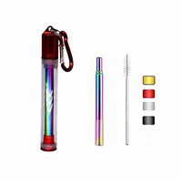 Travel Straw, Stainless Steel Straws Drinking Reusable Telescopic with Cleaning Brush and Carabiner BPA Free for Travel Outdoor Household (Red, Stainless Steel rainbow)