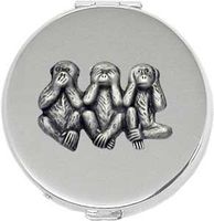'Three Monkeys' Round Silver Pill Box/Compact Travel Case (Gift Box Edition)