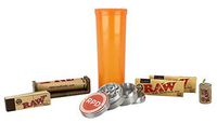 Bundle - 7 Items - RAW Rolling Paper, Tips, Roller and Hemp Wick with Grinder and Storage Container