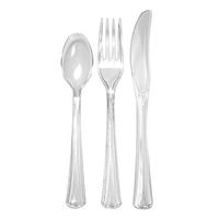 Party Essentials Extra Heavy Duty Hard Plastic Cutlery Combo Pack and Full Size Knives/Forks/Spoons, Clear, 8 Place Setting-Count
