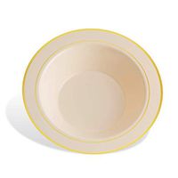 DELUXE PLASTIC PARTY DISPOSABLE BOWLS | 12 Ounce Hard Wedding Soup Bowls | Ivory with Gold Rim, 20 Pack | Elegant and Fancy Heavy Duty Party Supplies Plates for all Holidays and Occasions