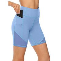 Kiyotoo Women's High Waist Workout Yoga Shorts with 2 Side Pockets Running Yoga Shorts, Stretch Tummy Control Athletic Short Blue
