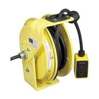 KH Industries RTB Series ReelTuff Industrial Grade Retractable Power Cord Reel with Black Cable, 16/3 SJOW Cable Prewired with Four Receptacle Outlet Box, 10 Amp, 25' Length, Yellow Powder Coat Finish