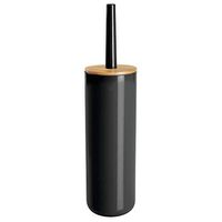 mDesign Compact Freestanding Plastic Toilet Bowl Brush and Holder for Bathroom Storage - Plastic and Bamboo - Sturdy, Deep Cleaning - Black/Natural Wood Finish