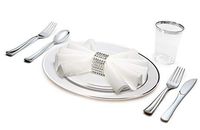 " OCCASIONS" 360 pcs/40 Guest-Full Tableware Set-Wedding Disposable Plastic Plates, Silverware, Silver Rimmed Tumblers & Linen Feel Napkins w/napkin Rings (Combo C, White & Silver Rim)