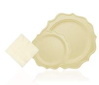 Tiger Chef 288-Pack Ivory Cream Color Round Scalloped Rim Disposable Plastic Plate Set for 96 Guests Includes 96 10-Inch Dinner Plates, 96 8-Inch Salad Plates, 96 Beverage Napkins - BPA-Free